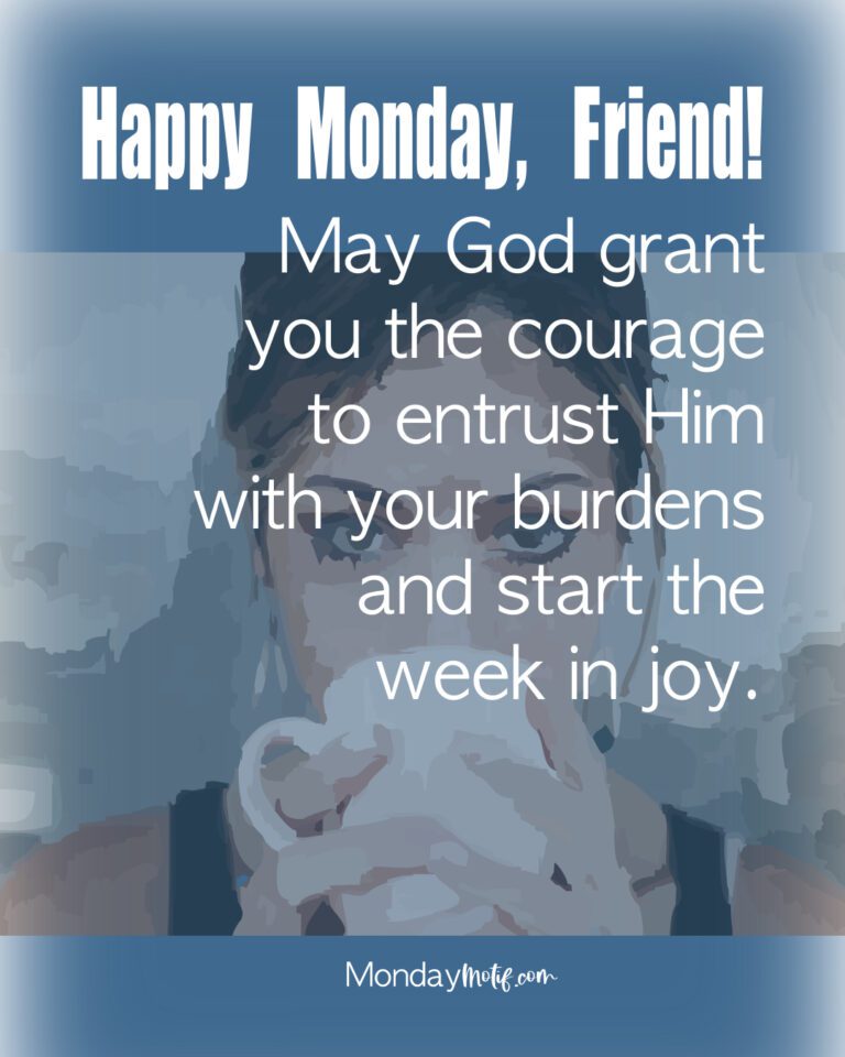 closeup of woman drinking a cup of coffee with happy monday blessing overlay