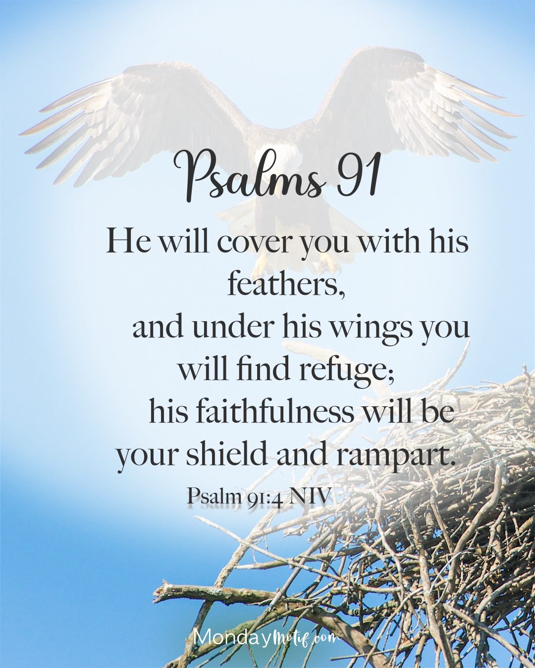 eagle over a nest with Psalm 91 Bible Verse overlay